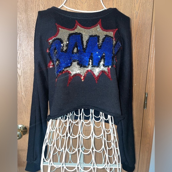 Forever21 Sequin Sparkle “BAM” Comic Style Pop Cropped Long Sleeve Crew Neck - Picture 2 of 11